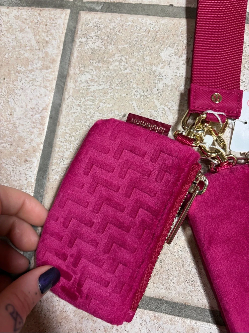 NWT Lululemon Dual Pouch Wristlet *Monogram Velvet (Berry Rumble/Gold)